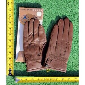 Vintage 1970's Sheepskin Unisex Small Brown Leather Korean-Made Gloves Pair NOS